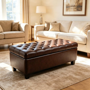 English Elm 50.25 Inch Upholstered Storage Bench with Hand-Stitched Detail and Safety Hinge Lid W5325P423770