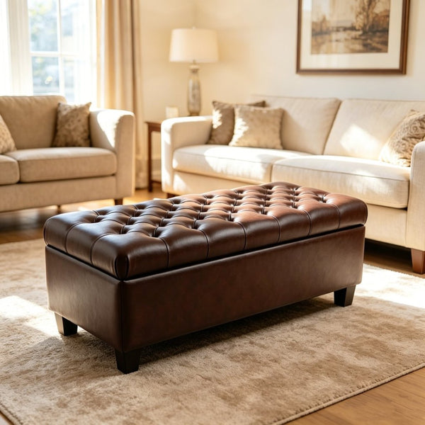 English Elm 50.25 Inch Upholstered Storage Bench with Hand-Stitched Detail and Safety Hinge Lid W5325P423770