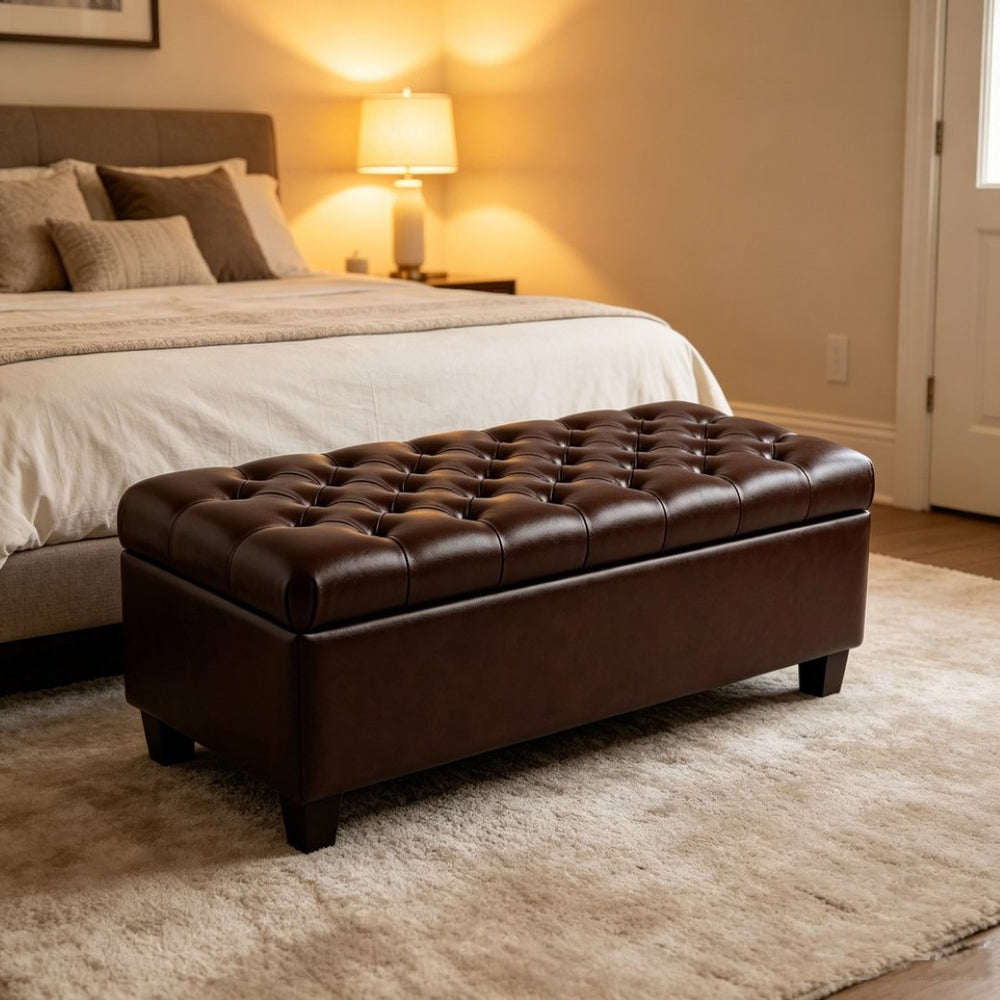 English Elm 50.25 Inch Upholstered Storage Bench with Hand-Stitched Detail and Safety Hinge Lid W5325P423770