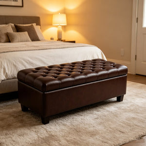 English Elm 50.25 Inch Upholstered Storage Bench with Hand-Stitched Detail and Safety Hinge Lid W5325P423770