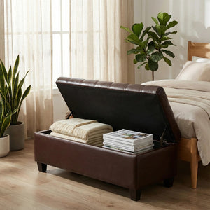 English Elm 50.25 Inch Upholstered Storage Bench with Hand-Stitched Detail and Safety Hinge Lid W5325P423770