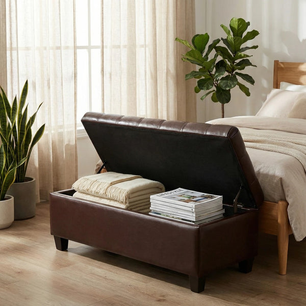 English Elm 50.25 Inch Upholstered Storage Bench with Hand-Stitched Detail and Safety Hinge Lid W5325P423770