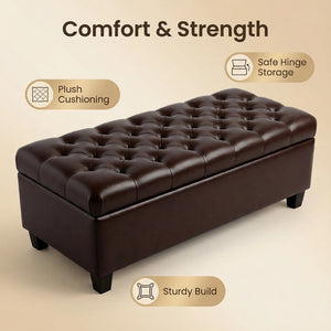 English Elm 50.25 Inch Upholstered Storage Bench with Hand-Stitched Detail and Safety Hinge Lid W5325P423770