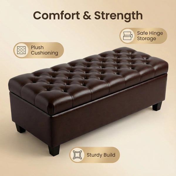 English Elm 50.25 Inch Upholstered Storage Bench with Hand-Stitched Detail and Safety Hinge Lid W5325P423770