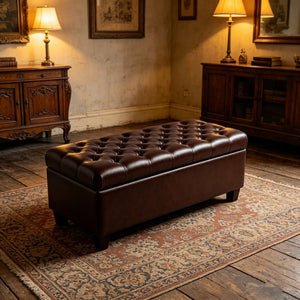 English Elm 50.25 Inch Upholstered Storage Bench with Hand-Stitched Detail and Safety Hinge Lid W5325P423770