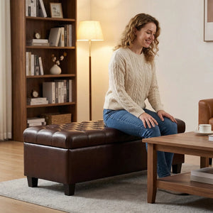 English Elm 50.25 Inch Upholstered Storage Bench with Hand-Stitched Detail and Safety Hinge Lid W5325P423770