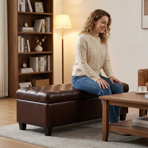 English Elm 50.25 Inch Upholstered Storage Bench with Hand-Stitched Detail and Safety Hinge Lid W5325P423770
