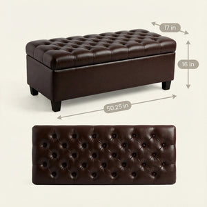 English Elm 50.25 Inch Upholstered Storage Bench with Hand-Stitched Detail and Safety Hinge Lid W5325P423770