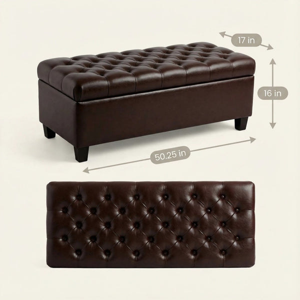 English Elm 50.25 Inch Upholstered Storage Bench with Hand-Stitched Detail and Safety Hinge Lid W5325P423770