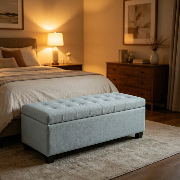 English Elm Storage Ottoman Bench Tufted Polyester Seat with Wooden Legs for Entryway or Bedroom W5325P423786
