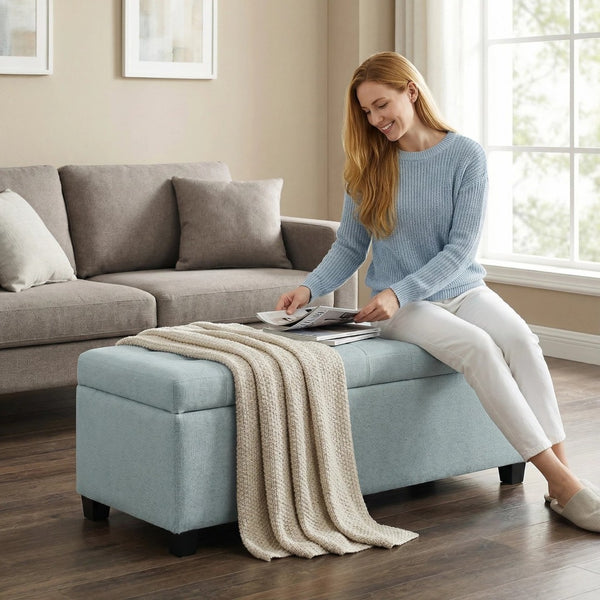 English Elm Storage Ottoman Bench Tufted Polyester Seat with Wooden Legs for Entryway or Bedroom W5325P423786