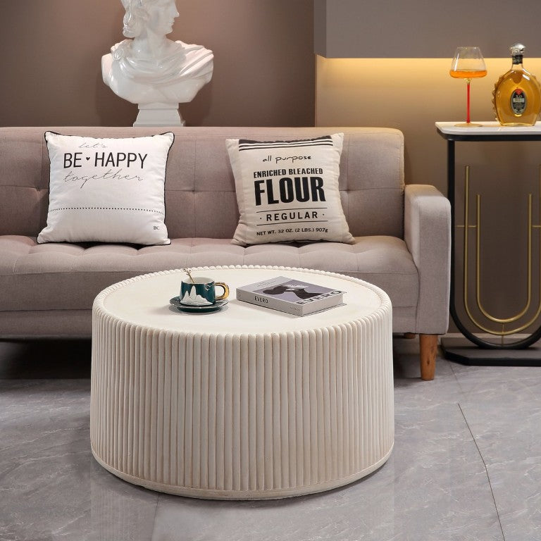 English Elm Off-White Magnesium Oxide Fluted Round Drum Coffee Table for Modern Living Rooms W5351P456935