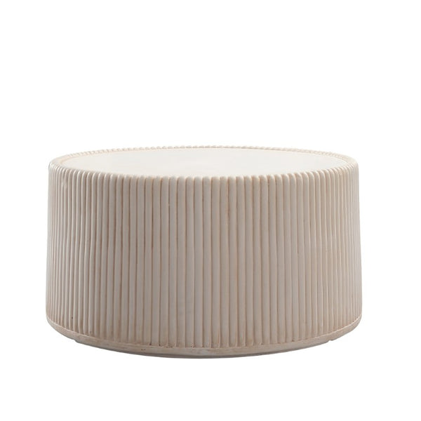 English Elm Off-White Magnesium Oxide Fluted Round Drum Coffee Table for Modern Living Rooms W5351P456935