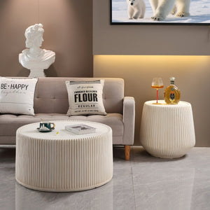 English Elm Off-White Magnesium Oxide Fluted Round Drum Coffee Table for Modern Living Rooms W5351P456935