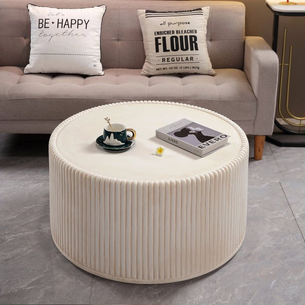 English Elm Off-White Magnesium Oxide Fluted Round Drum Coffee Table for Modern Living Rooms W5351P456935