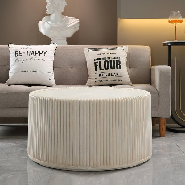 English Elm Off-White Magnesium Oxide Fluted Round Drum Coffee Table for Modern Living Rooms W5351P456935