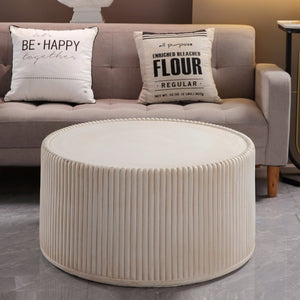 English Elm Off-White Magnesium Oxide Fluted Round Drum Coffee Table for Modern Living Rooms W5351P456935