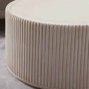 English Elm Off-White Magnesium Oxide Fluted Round Drum Coffee Table for Modern Living Rooms W5351P456935