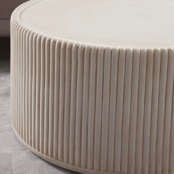 English Elm Off-White Magnesium Oxide Fluted Round Drum Coffee Table for Modern Living Rooms W5351P456935