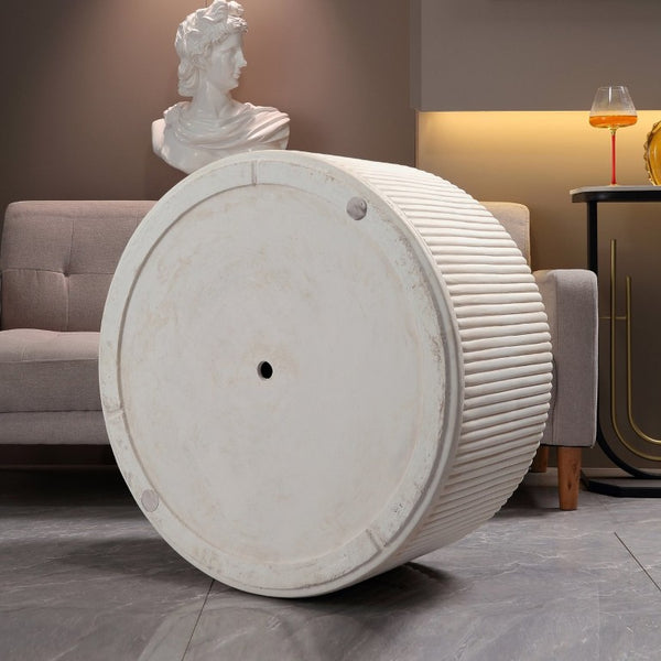 English Elm Off-White Magnesium Oxide Fluted Round Drum Coffee Table for Modern Living Rooms W5351P456935