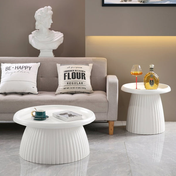 English Elm White Fluted Pedestal Round Coffee Table Sculptural Magnesium Oxide Indoor Outdoor W5351P486734