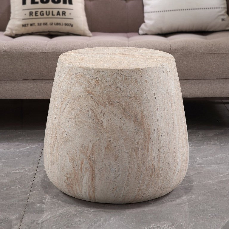 English Elm Drum Pedestal Accent Table Faux Travertine MgO Stone Finish for Patio or Living Room W5351P547483