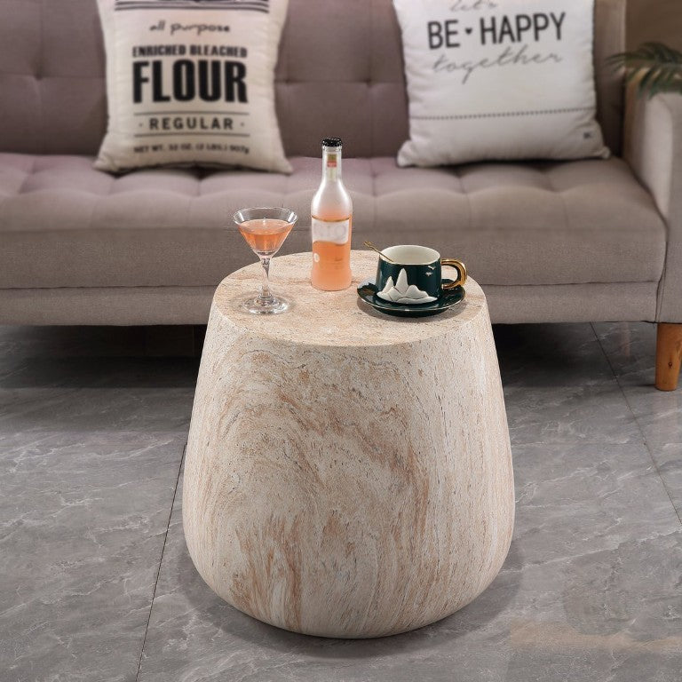 English Elm Drum Pedestal Accent Table Faux Travertine MgO Stone Finish for Patio or Living Room W5351P547483