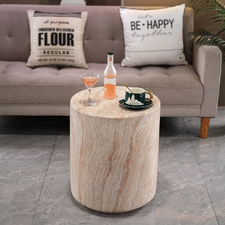 English Elm Tall Cylindrical Faux Travertine Side Table Weatherproof MgO Stone for Patio Living Room W5351P547485