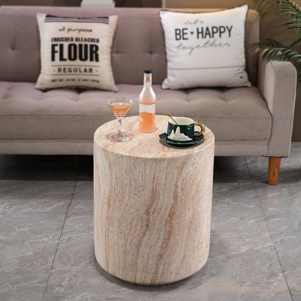 English Elm Tall Cylindrical Faux Travertine Side Table Weatherproof MgO Stone for Patio Living Room W5351P547485