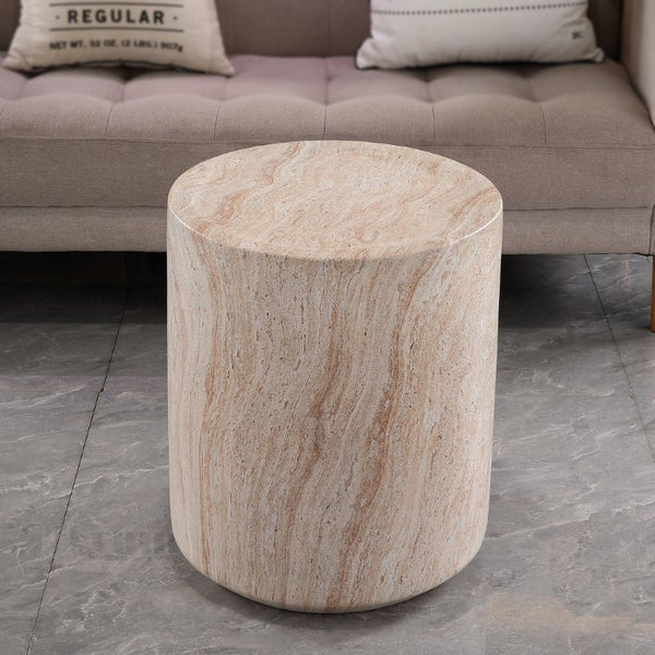 English Elm Tall Cylindrical Faux Travertine Side Table Weatherproof MgO Stone for Patio Living Room W5351P547485