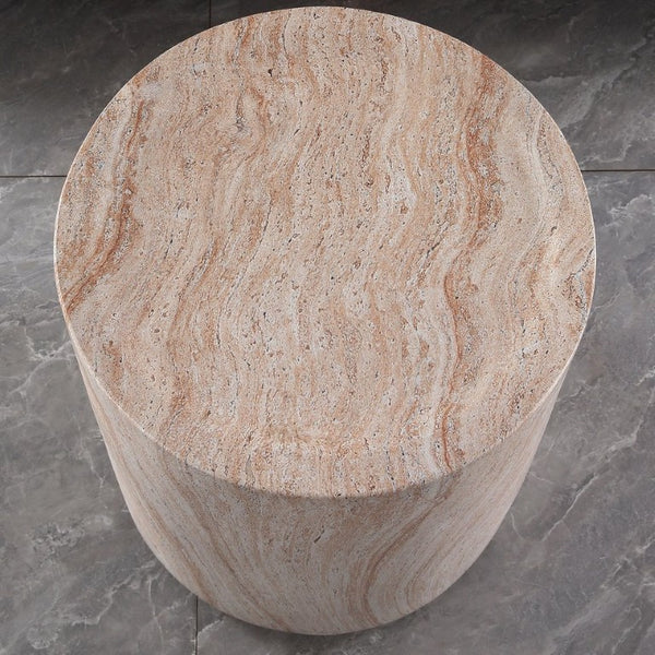 English Elm Tall Cylindrical Faux Travertine Side Table Weatherproof MgO Stone for Patio Living Room W5351P547485