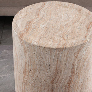 English Elm Tall Cylindrical Faux Travertine Side Table Weatherproof MgO Stone for Patio Living Room W5351P547485
