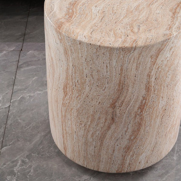 English Elm Tall Cylindrical Faux Travertine Side Table Weatherproof MgO Stone for Patio Living Room W5351P547485