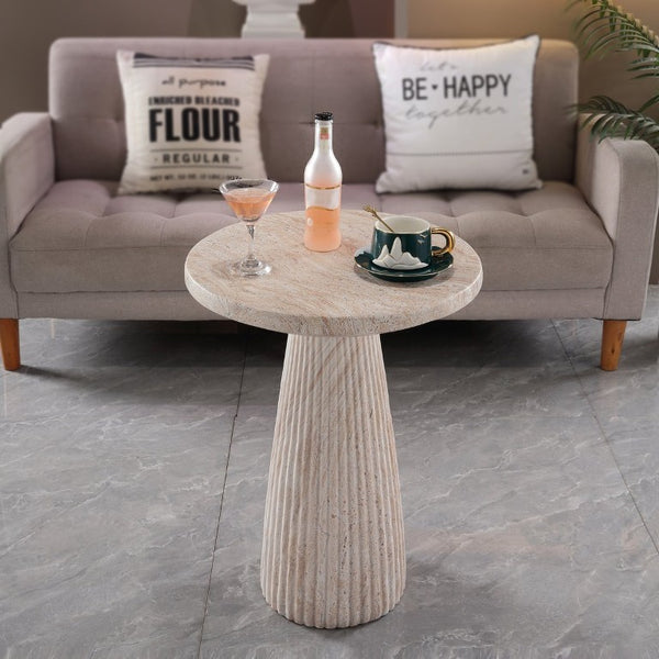 English Elm Fluted Pedestal Round Table Faux Travertine MGO Stone Accent for Patio or Living Room W5351P547486