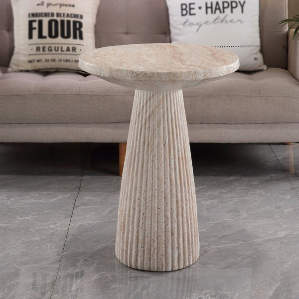 English Elm Fluted Pedestal Round Table Faux Travertine MGO Stone Accent for Patio or Living Room W5351P547486