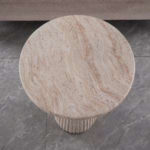 English Elm Fluted Pedestal Round Table Faux Travertine MGO Stone Accent for Patio or Living Room W5351P547486