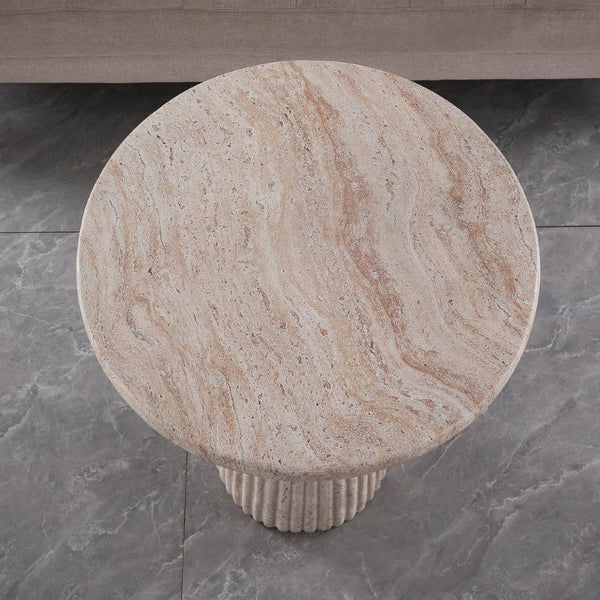 English Elm Fluted Pedestal Round Table Faux Travertine MGO Stone Accent for Patio or Living Room W5351P547486