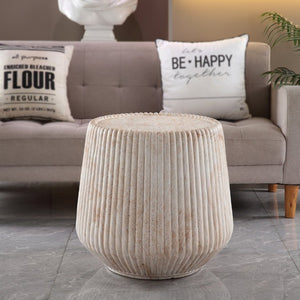 English Elm Fluted Drum Side Table Faux Travertine Stone Look MgO Indoor Outdoor Patio Accent W5351P547488
