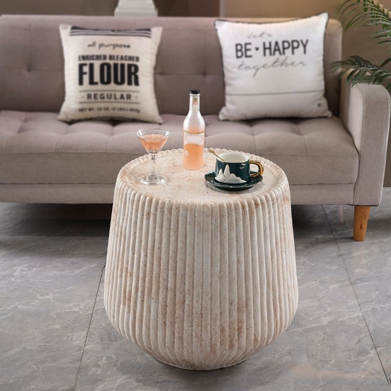 English Elm Fluted Drum Side Table Faux Travertine Stone Look MgO Indoor Outdoor Patio Accent W5351P547488