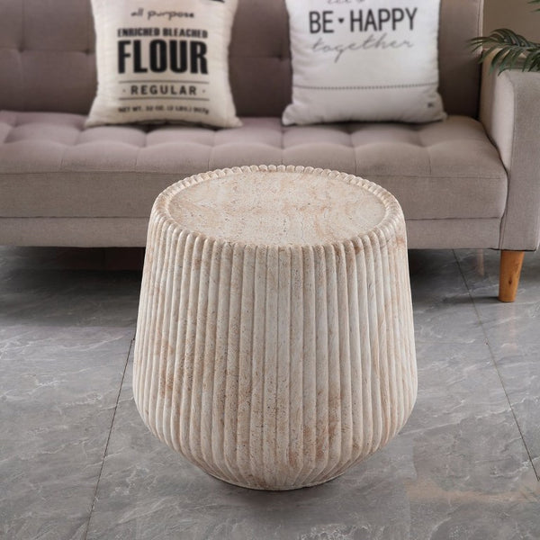English Elm Fluted Drum Side Table Faux Travertine Stone Look MgO Indoor Outdoor Patio Accent W5351P547488