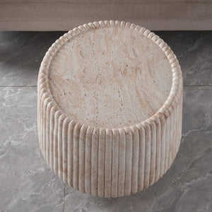 English Elm Fluted Drum Side Table Faux Travertine Stone Look MgO Indoor Outdoor Patio Accent W5351P547488