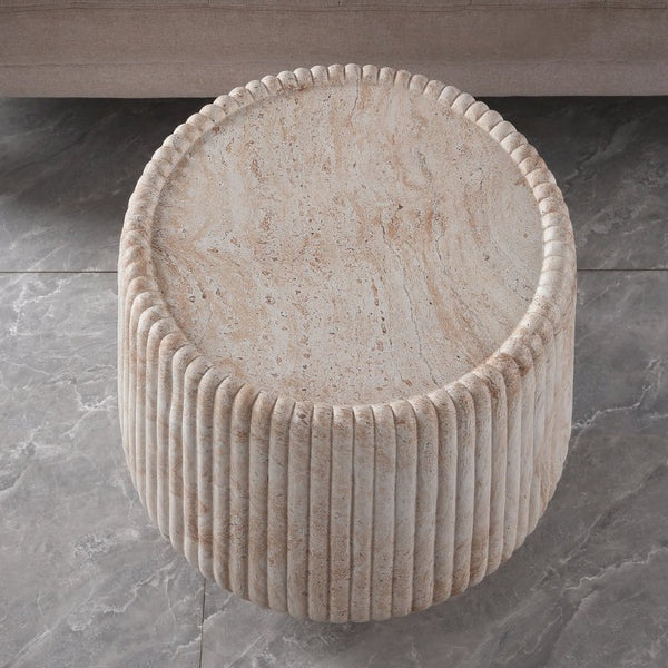 English Elm Fluted Drum Side Table Faux Travertine Stone Look MgO Indoor Outdoor Patio Accent W5351P547488