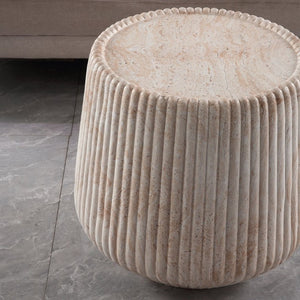 English Elm Fluted Drum Side Table Faux Travertine Stone Look MgO Indoor Outdoor Patio Accent W5351P547488