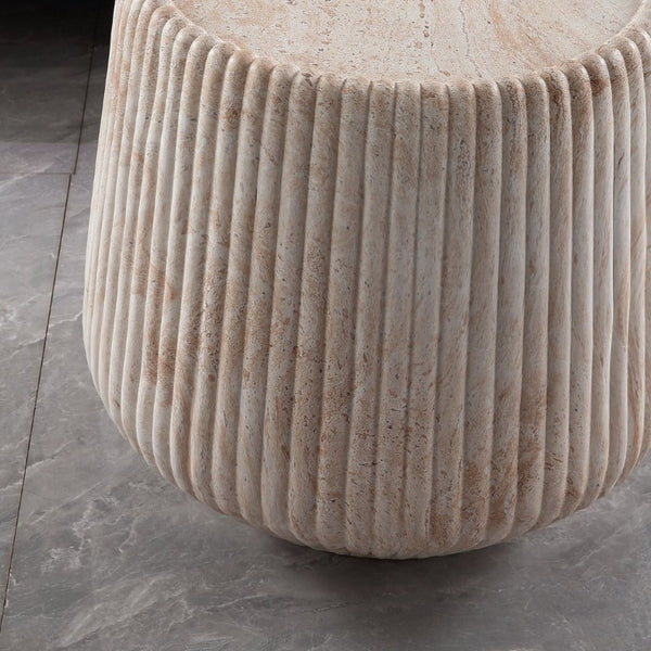 English Elm Fluted Drum Side Table Faux Travertine Stone Look MgO Indoor Outdoor Patio Accent W5351P547488