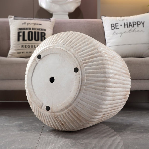 English Elm Fluted Drum Side Table Faux Travertine Stone Look MgO Indoor Outdoor Patio Accent W5351P547488