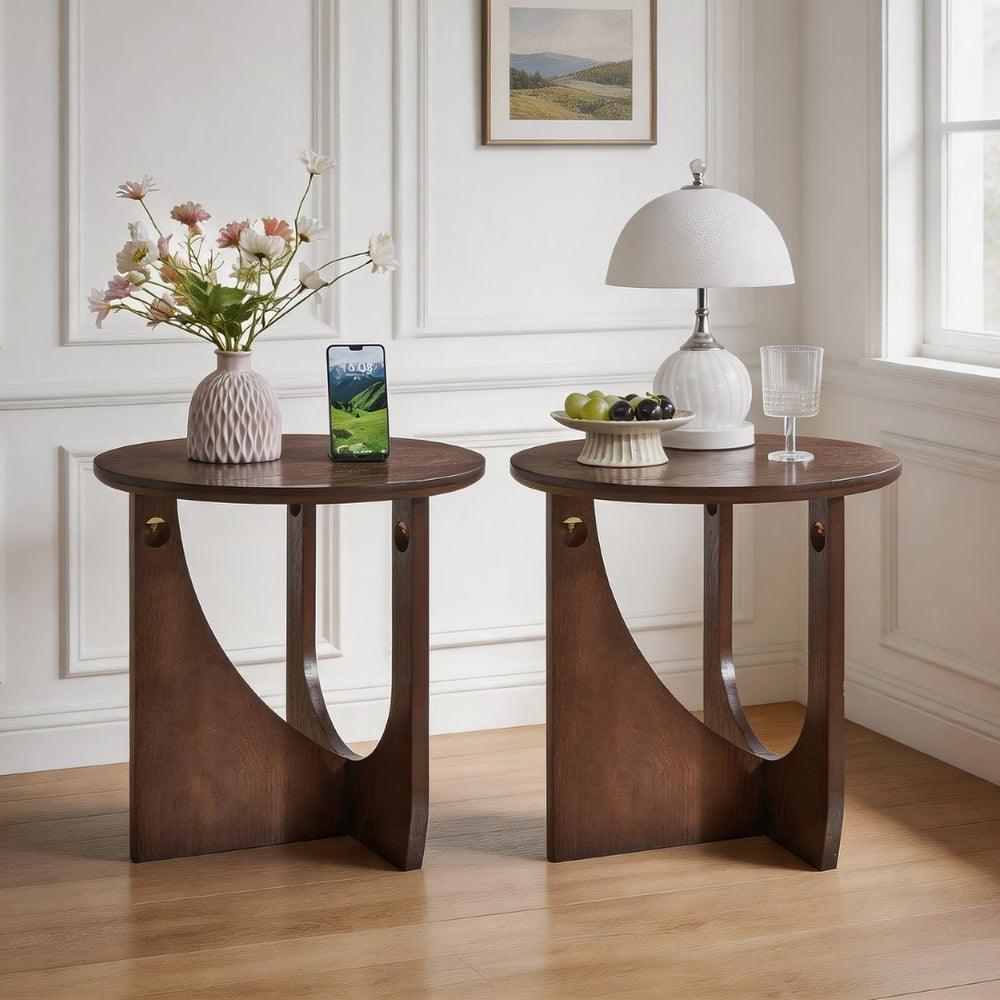English Elm 100% Solid Wood Round Side Tables Set of Two with U-shaped Base for Living Room W5368P495794