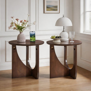 English Elm 100% Solid Wood Round Side Tables Set of Two with U-shaped Base for Living Room W5368P495794