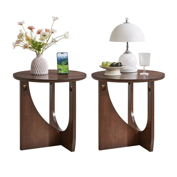 English Elm 100% Solid Wood Round Side Tables Set of Two with U-shaped Base for Living Room W5368P495794