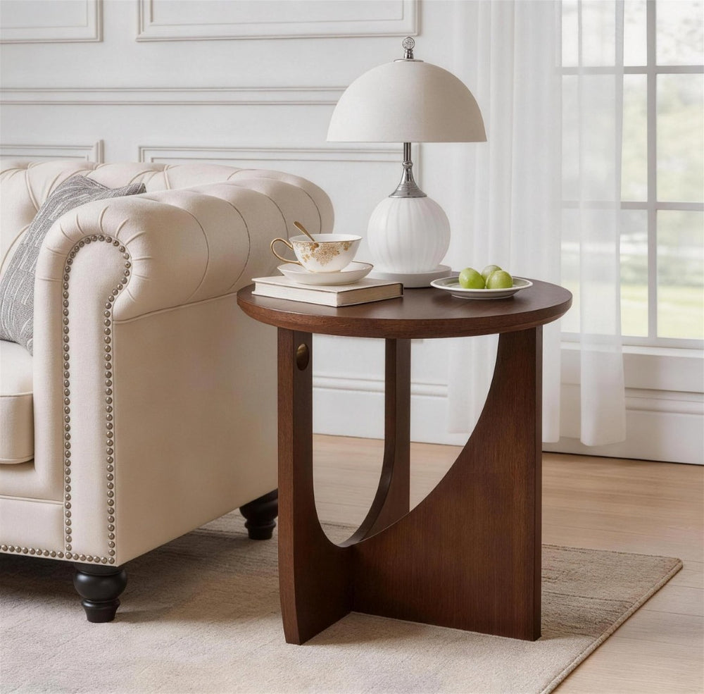 English Elm 100% Solid Wood Round Side Tables Set of Two with U-shaped Base for Living Room W5368P495794