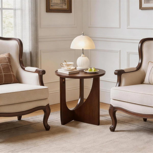 English Elm 100% Solid Wood Round Side Tables Set of Two with U-shaped Base for Living Room W5368P495794